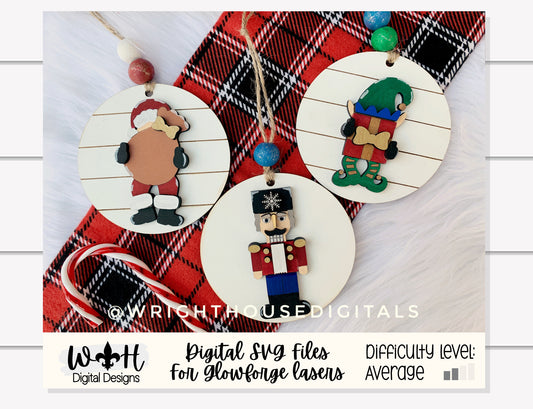 Christmas Icons Elf, Santa, and Nutcracker - Modern Farmhouse Mini Ornament Set - Personalizable Cut File For Glowforge - Digital SVG File