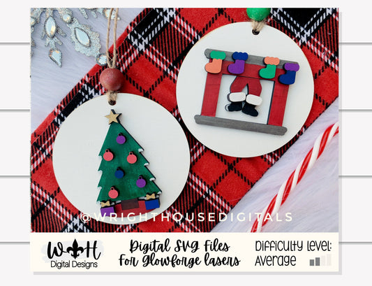 Christmas Icons Fireplace and Christmas Tree - Modern Farmhouse Mini Ornament Set - Personalizable Cut File For Glowforge - Digital SVG File