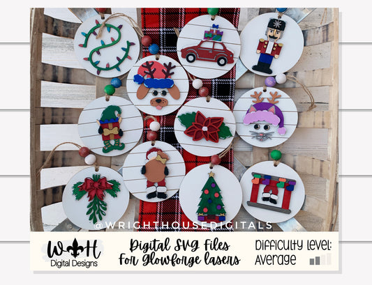 Christmas Icons Ornament Bundle - Personalizable Modern Farmhouse Christmas Ornaments - Cut File For Glowforge Lasers - Digital SVG File