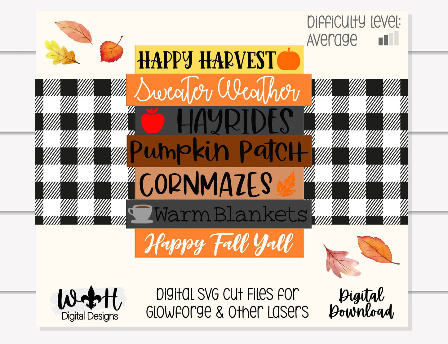 Happy Harvest Autumn Bucket List Stacked Sign - Seasonal Wall Decor and DIY Kits - Cut File For Glowforge Lasers - Digital SVG File
