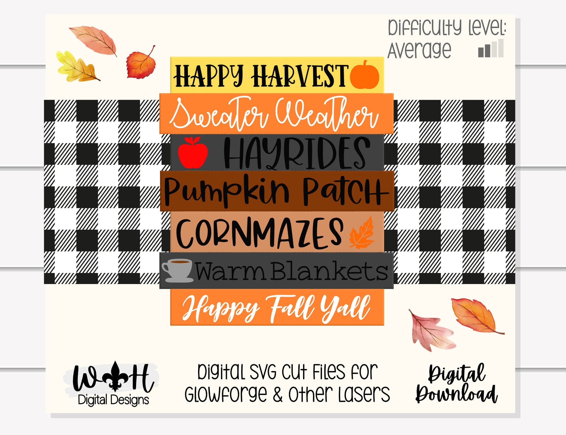 Happy Harvest Autumn Bucket List Stacked Sign - Seasonal Wall Decor and DIY Kits - Cut File For Glowforge Lasers - Digital SVG File