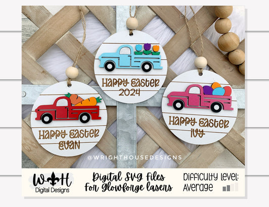 Easter Truck Personalized Shiplap Basket Tags - Seasonal Tiered Tray Decor and DIY Kits - Cut File For Glowforge Lasers - Digital SVG File