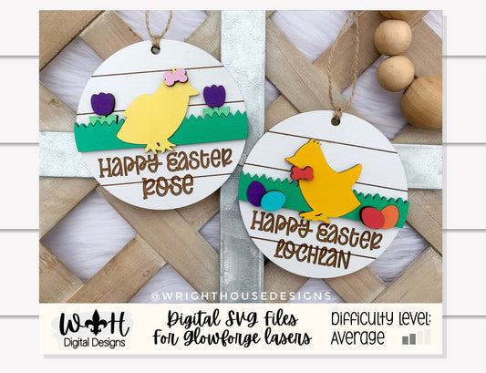 Easter Chick Personalized Shiplap Basket Tags - Seasonal Tiered Tray Decor and DIY Kits - Cut File For Glowforge Lasers - Digital SVG File