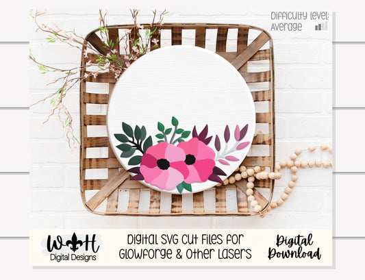 Pretty Pink Florals and Foliage - Door Hanger Round - Sign Making and DIY Kits - Single Line Cut File For Glowforge Laser - Digital SVG File