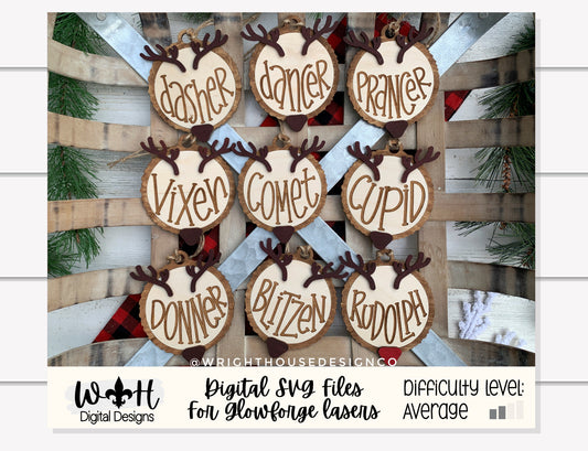 Reindeer Name Wood Slice Rustic Christmas Layered Ornament Set - Quick Cut and Engrave - Cut File For Glowforge Lasers - Digital SVG File