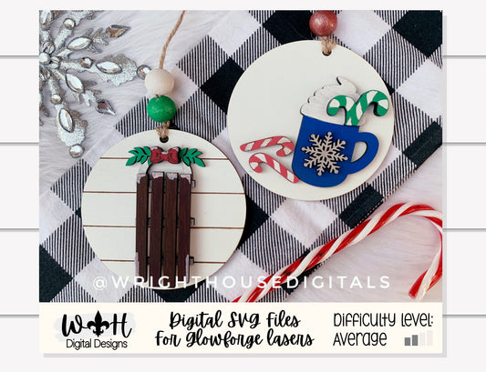 Winter Icons Vintage Sled and Peppermint Mocha Shiplap Christmas Ornament Set - Personalizable Cut File For Glowforge - Digital SVG File