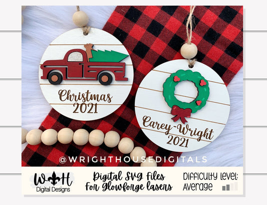 Holiday Icons Vintage Truck and Holly Wreath - Modern Farmhouse Mini Ornament Set - Personalizable Cut File For Glowforge - Digital SVG File