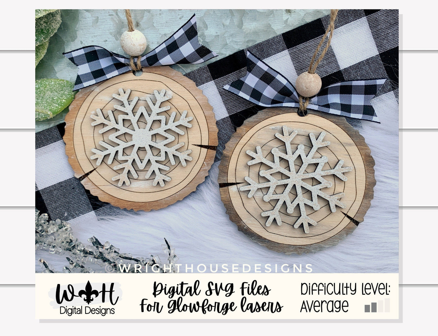 Rustic Snowflake Wood Slices - Layered Christmas Ornament Bundle - Quick Cut and Score File For Glowforge Lasers - Digital SVG File