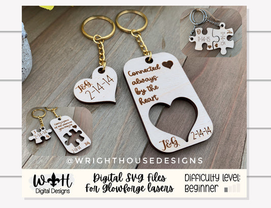 Heart and Puzzle Keychains For Valentine's Day - Couples Personalized Anniversary Gifts - Digital SVG Cut Files For Glowforge Lasers