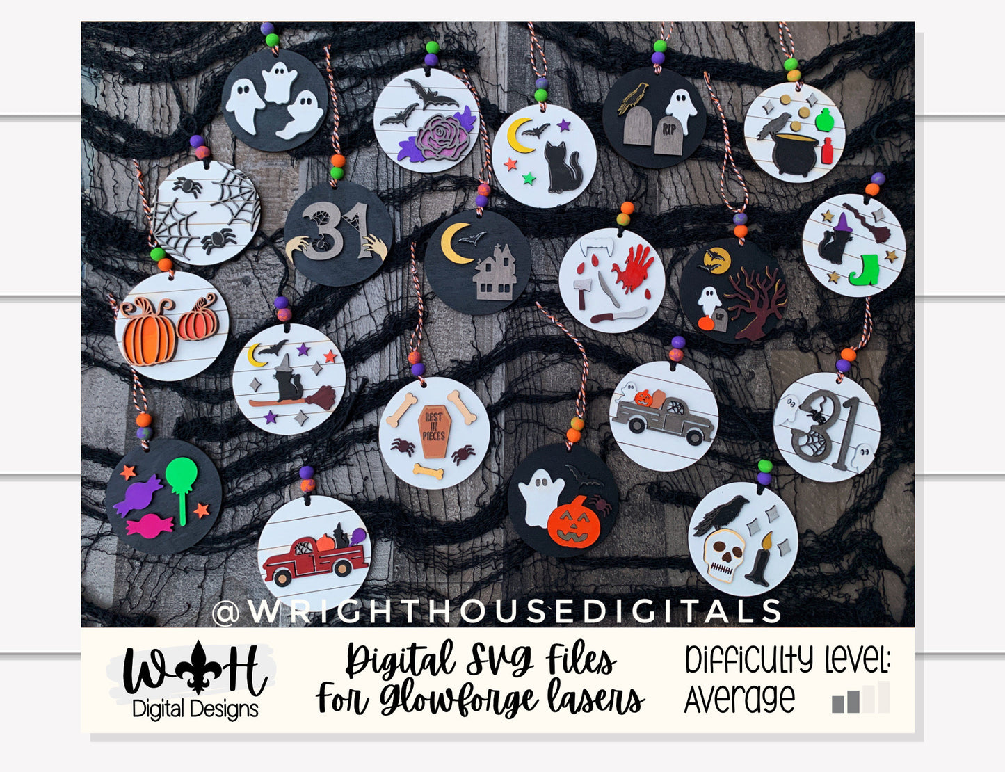 Halloween Icons Ornament Bundle - Spooky Handdrawn Personalizable DIY Doodle Ornaments - Cut File For Glowforge Lasers - Digital SVG File