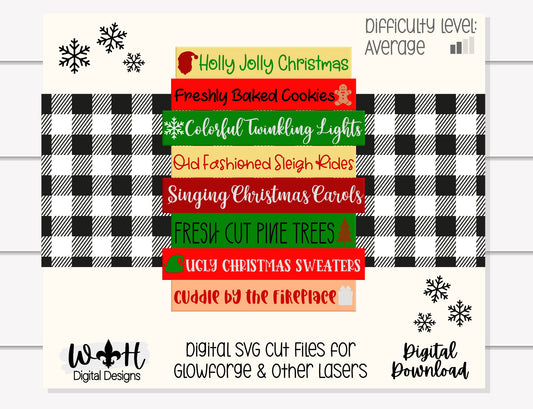 Holly Jolly Christmas Winter Bucket List Stacked Sign - Seasonal Wall Decor and DIY Kits - Cut File For Glowforge Lasers - Digital SVG File