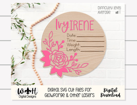 Baby Birth Stat Minimal Rose Floral Round - Personalizable Nursery Signs For Makers - Easy Cut File For Glowforge Lasers - Digital SVG File