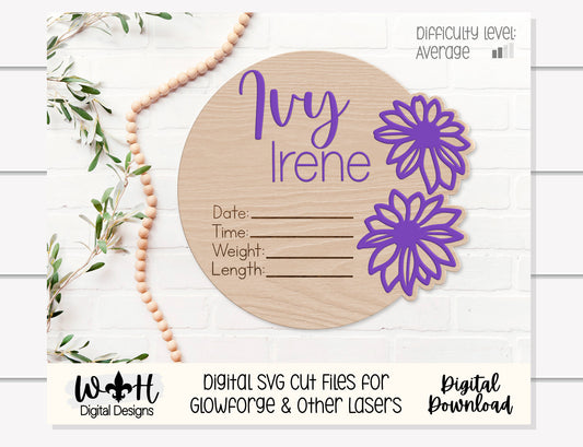 Baby Birth Stat Black Eyed Susans Floral Round - Personalizable Nursery Signs For Makers - Cut File For Glowforge Lasers - Digital SVG File