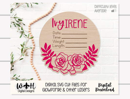 Baby Birth Stat Cottagecore Rose Floral Round - Personalizable Nursery Signs For Makers - Cut File For Glowforge Lasers - Digital SVG File