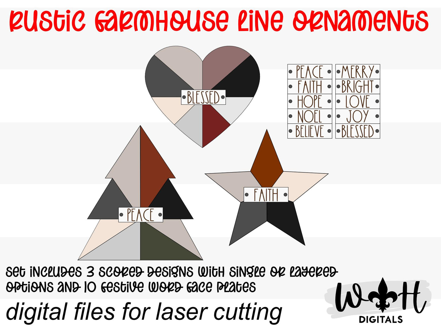 Rustic Farmhouse Quilt Pattern Line Ornaments - Minimalist Ornament Set - Quick Cut and Score File For Glowforge Lasers - Digital SVG File