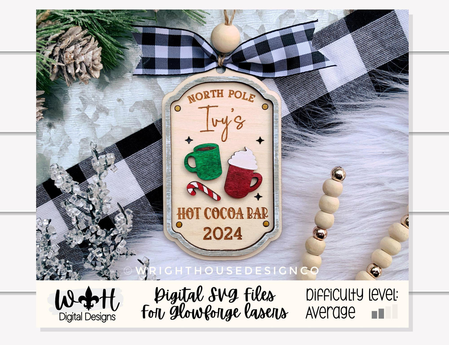 North Pole Hot Cocoa Bar Vintage Tag Family Name Ornament - Personalizable Quick Cut and Score File For Glowforge Lasers - Digital SVG Files