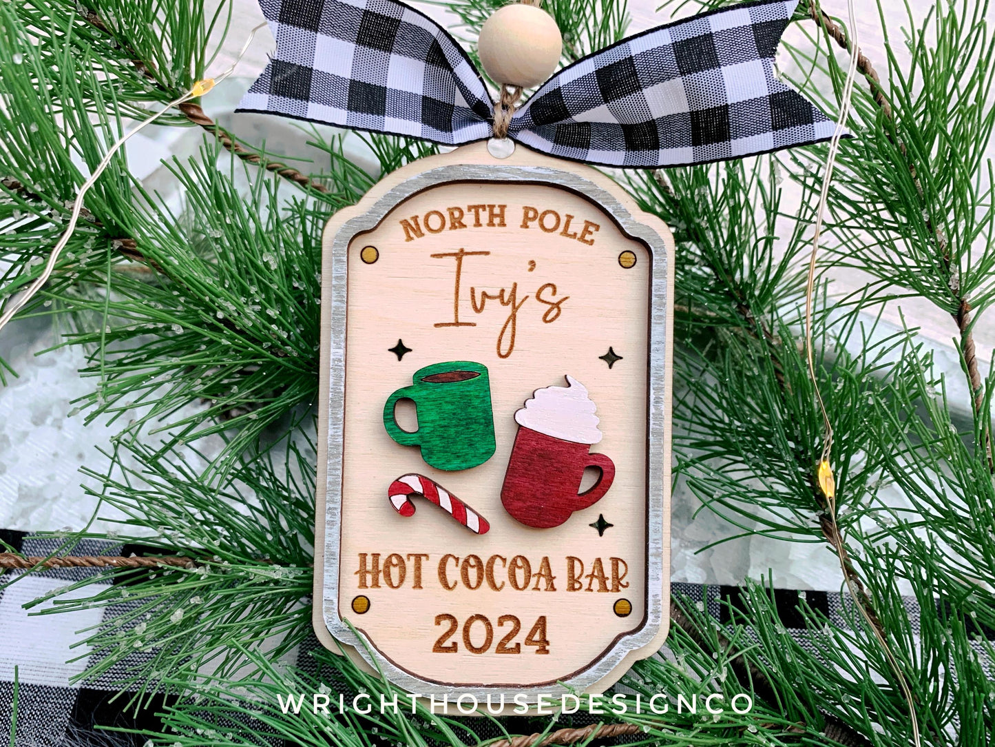 North Pole Hot Cocoa Bar Vintage Tag Family Name Ornament - Personalizable Quick Cut and Score File For Glowforge Lasers - Digital SVG Files