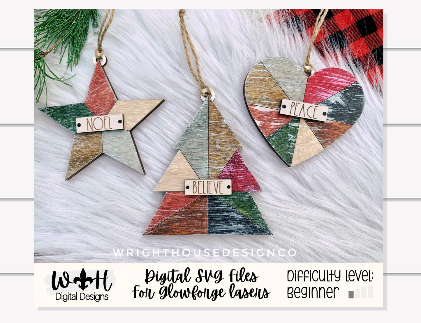 Rustic Farmhouse Quilt Pattern Line Ornaments - Minimalist Ornament Set - Quick Cut and Score File For Glowforge Lasers - Digital SVG File