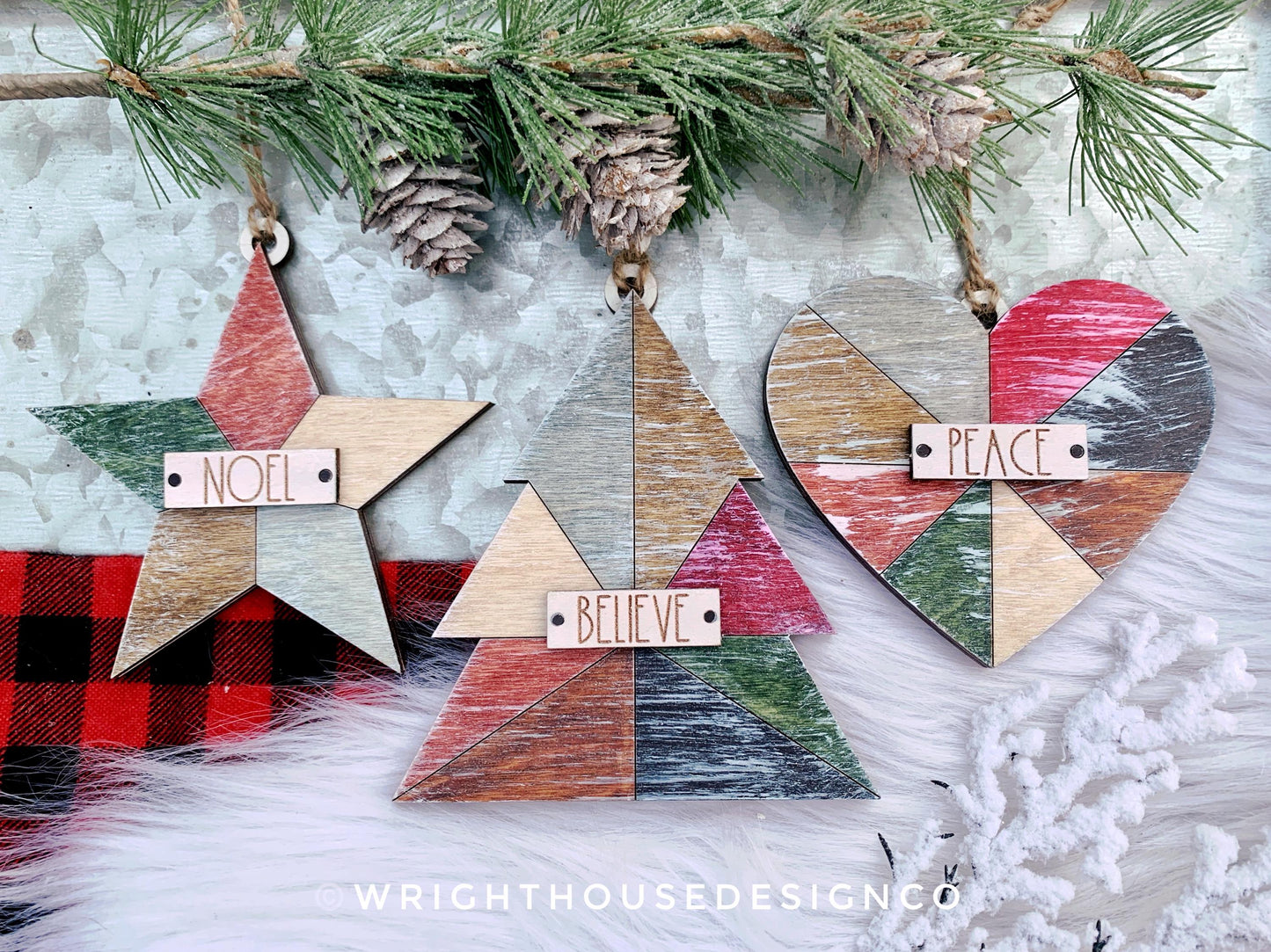 Rustic Farmhouse Quilt Pattern Line Ornaments - Minimalist Ornament Set - Quick Cut and Score File For Glowforge Lasers - Digital SVG File