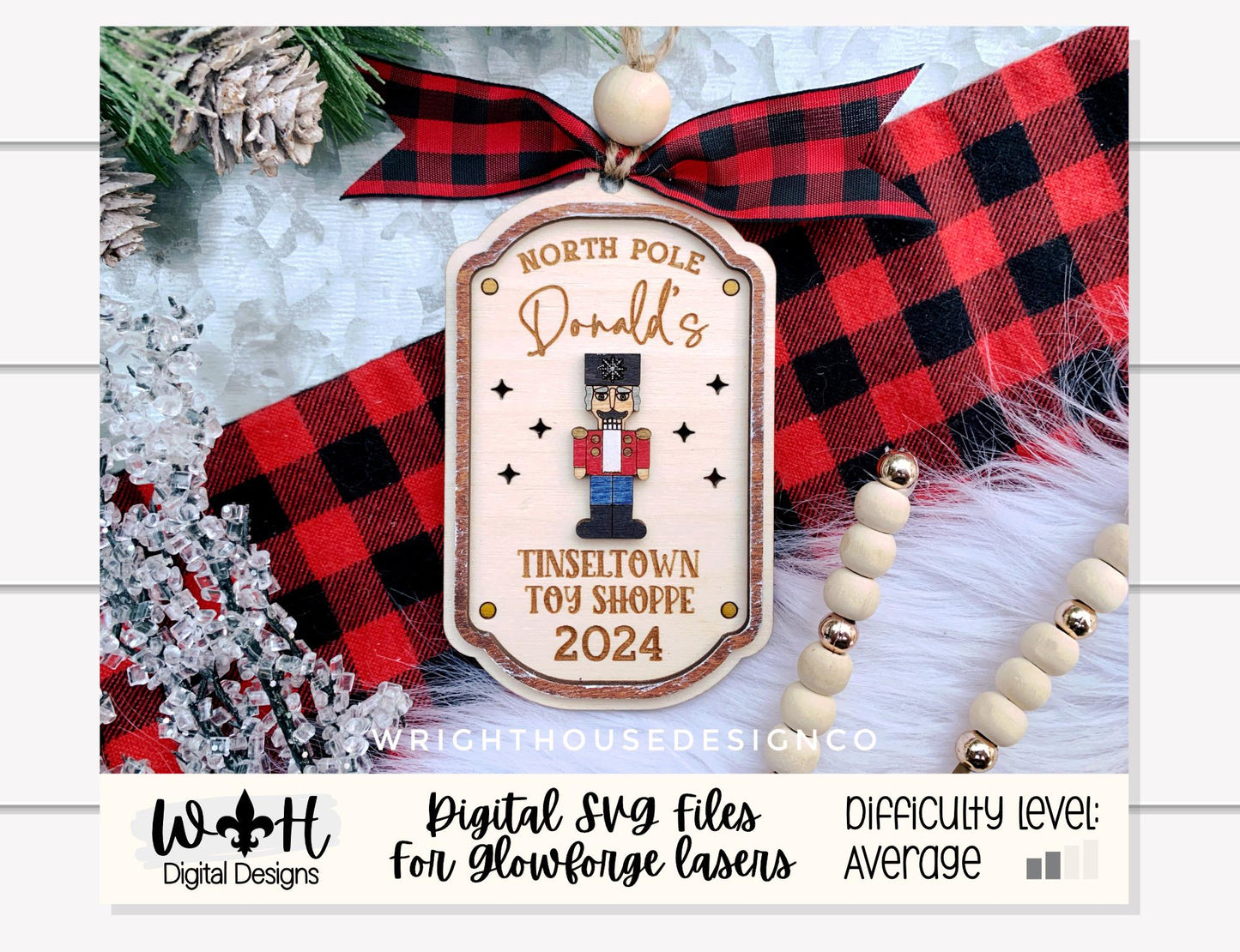 North Pole Tinsel Town Toy Shoppe Family Name Christmas Ornament - Personalizable Quick Cut File For Glowforge Lasers - Digital SVG File