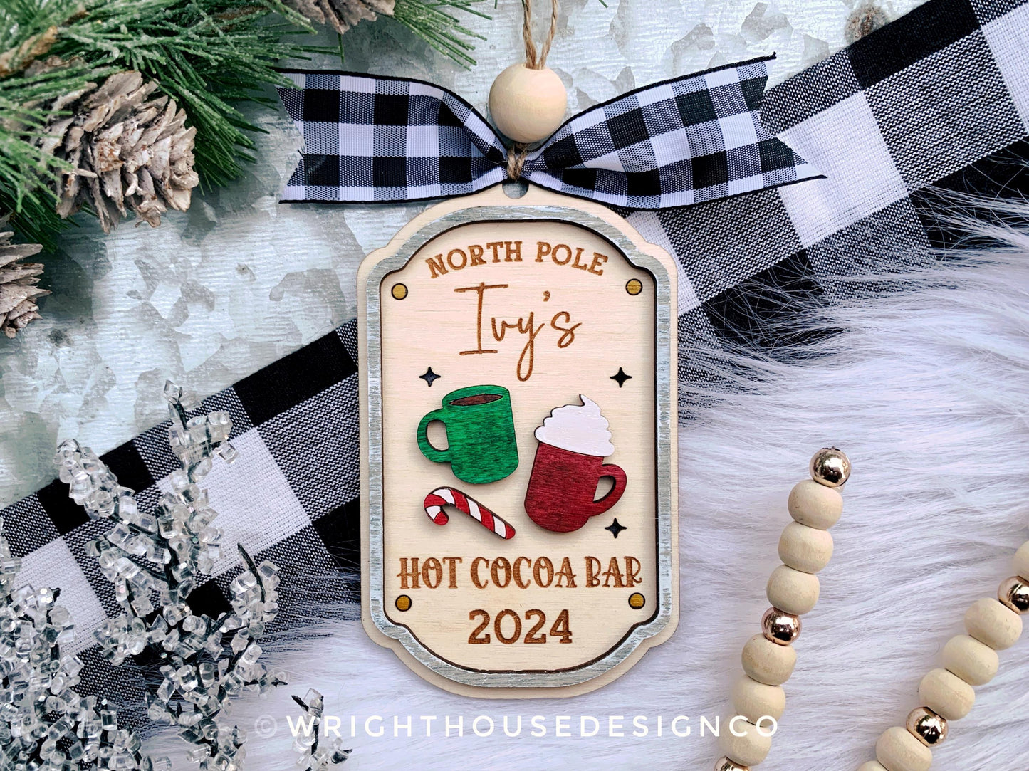 North Pole Hot Cocoa Bar Vintage Tag Family Name Ornament - Personalizable Quick Cut and Score File For Glowforge Lasers - Digital SVG Files
