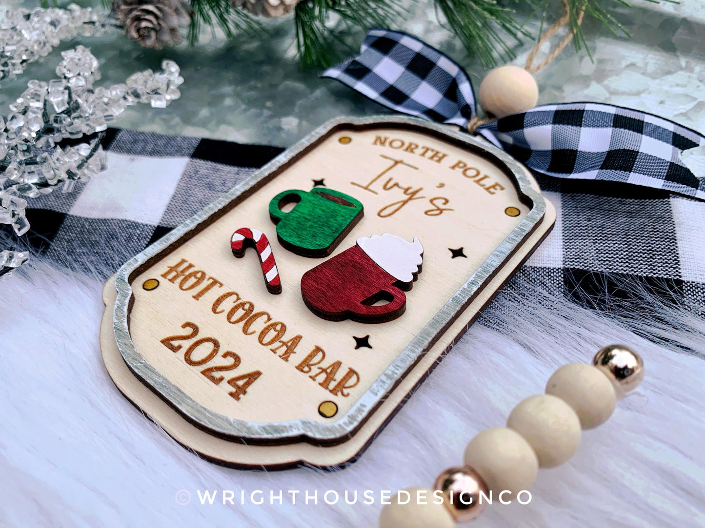 North Pole Hot Cocoa Bar Vintage Tag Family Name Ornament - Personalizable Quick Cut and Score File For Glowforge Lasers - Digital SVG Files