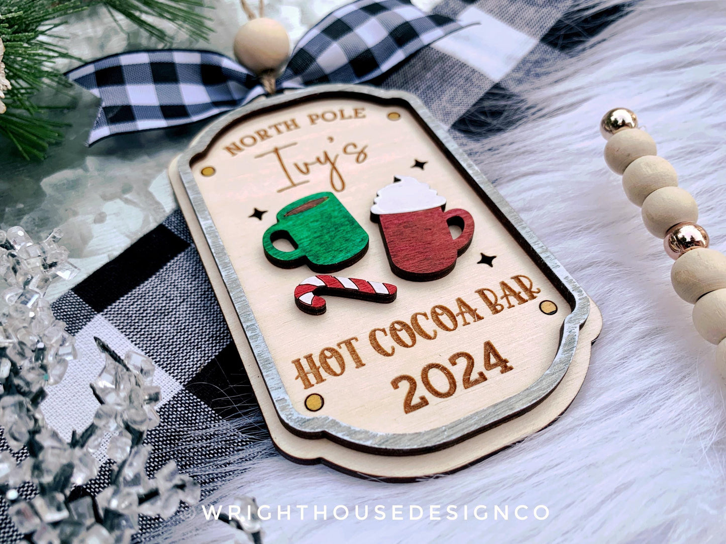 North Pole Hot Cocoa Bar Vintage Tag Family Name Ornament - Personalizable Quick Cut and Score File For Glowforge Lasers - Digital SVG Files