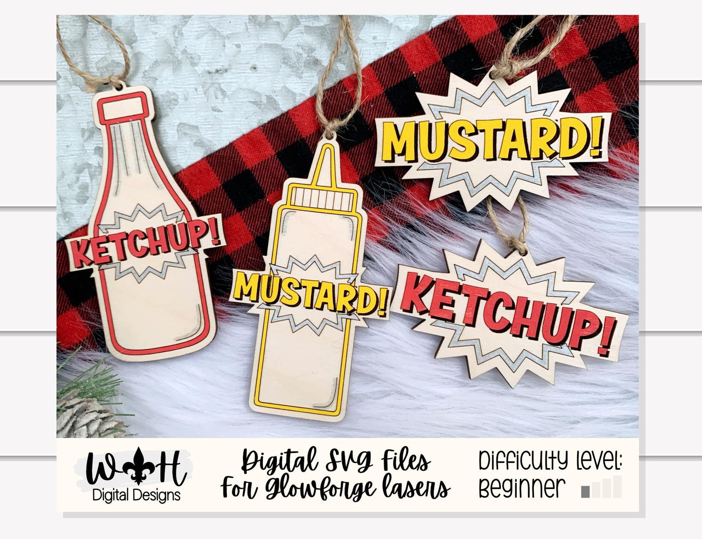 Ketchup! Mustard! Condiment Ornament Bundle - Comic Book Bubble Christmas Ornaments - Quick Cut File For Glowforge Lasers - Digital SVG File