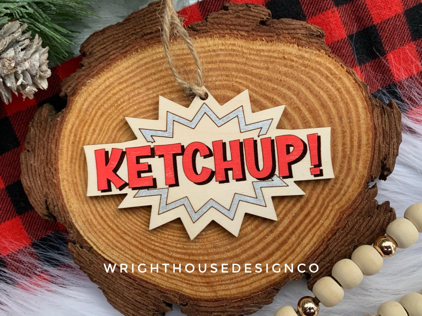 Ketchup! Mustard! Condiment Ornament Bundle - Comic Book Bubble Christmas Ornaments - Quick Cut File For Glowforge Lasers - Digital SVG File