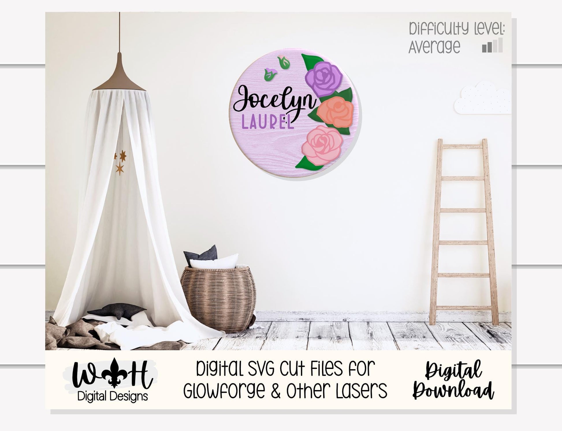 Three Roses Floral Bundle - Door Hanger Rounds - Sign Making and DIY Kits - Layered Floral Cut File For Glowforge Lasers - Digital SVG File