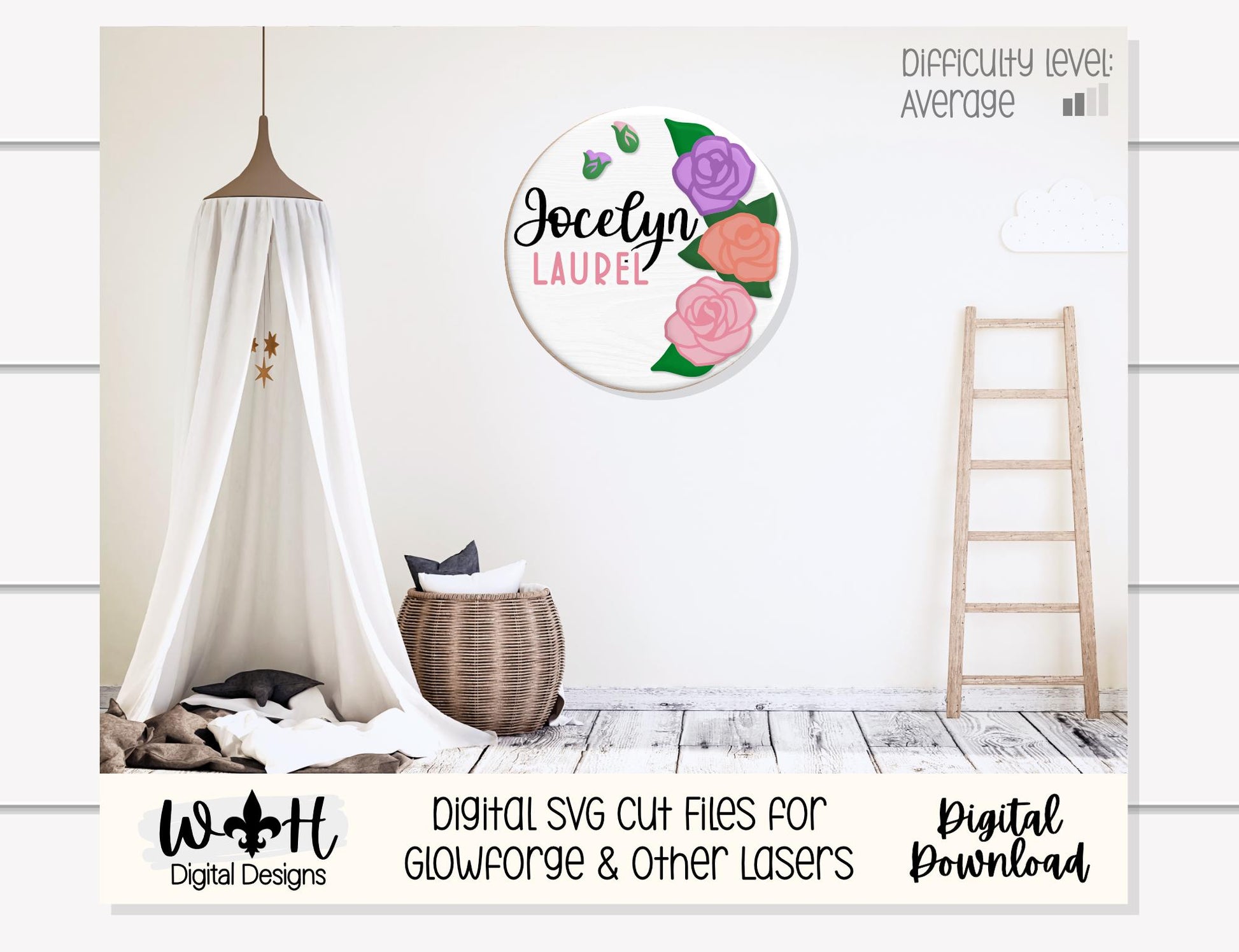 Three Roses Floral Bundle - Door Hanger Rounds - Sign Making and DIY Kits - Layered Floral Cut File For Glowforge Lasers - Digital SVG File