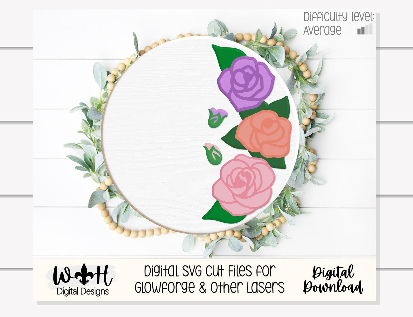 Three Roses Floral Bundle - Door Hanger Rounds - Sign Making and DIY Kits - Layered Floral Cut File For Glowforge Lasers - Digital SVG File