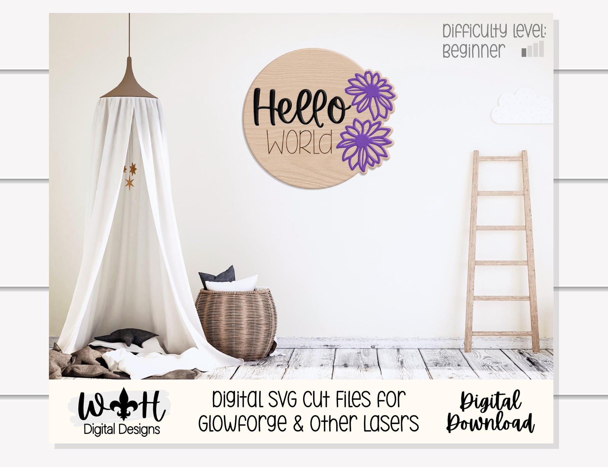 Hello World Baby Milestone Monthly Growth Markers - Personalizable Black Eyed Susan Floral Nursery Sign - Digital SVG Cut File For Glowforge