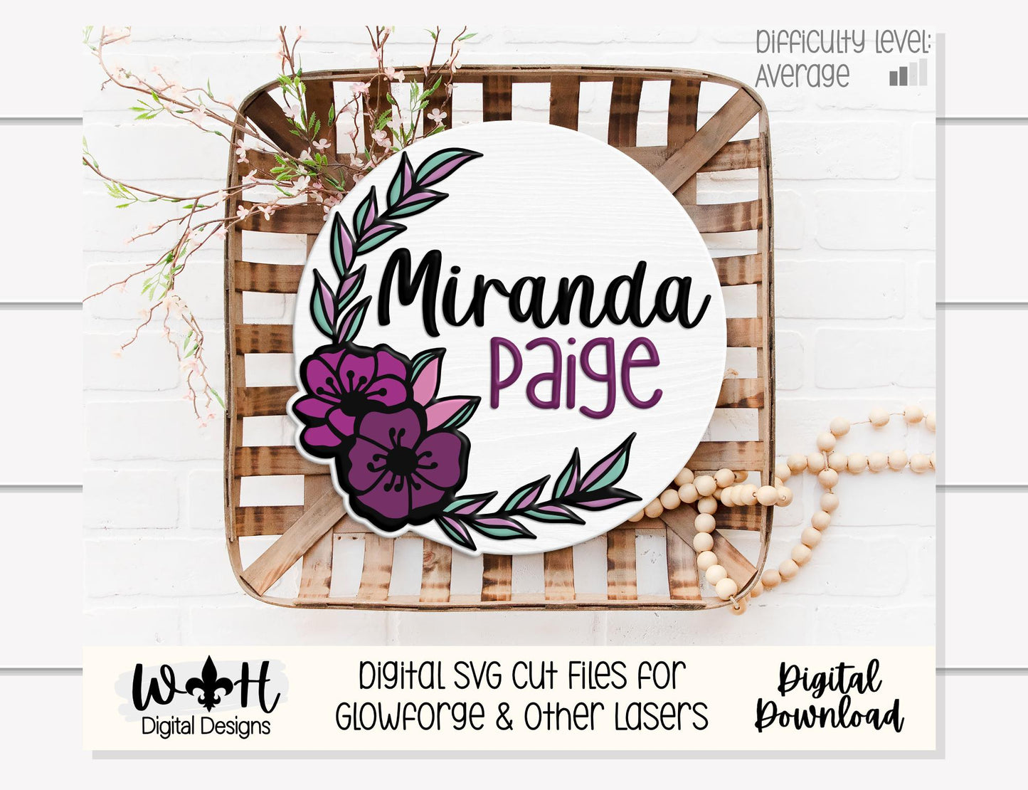 Miranda Paige Outline Floral - Door Hanger Rounds - Sign Making and DIY Kits - Offset Floral Cut File For Glowforge Laser - Digital SVG File
