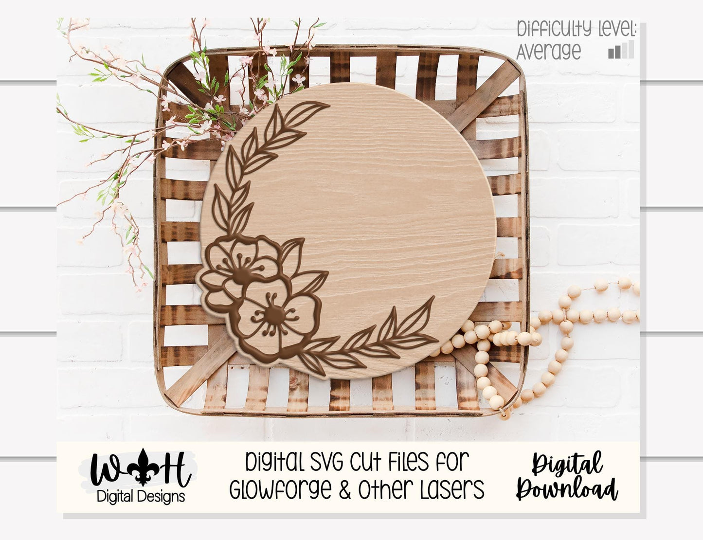 Miranda Paige Outline Floral - Door Hanger Rounds - Sign Making and DIY Kits - Offset Floral Cut File For Glowforge Laser - Digital SVG File