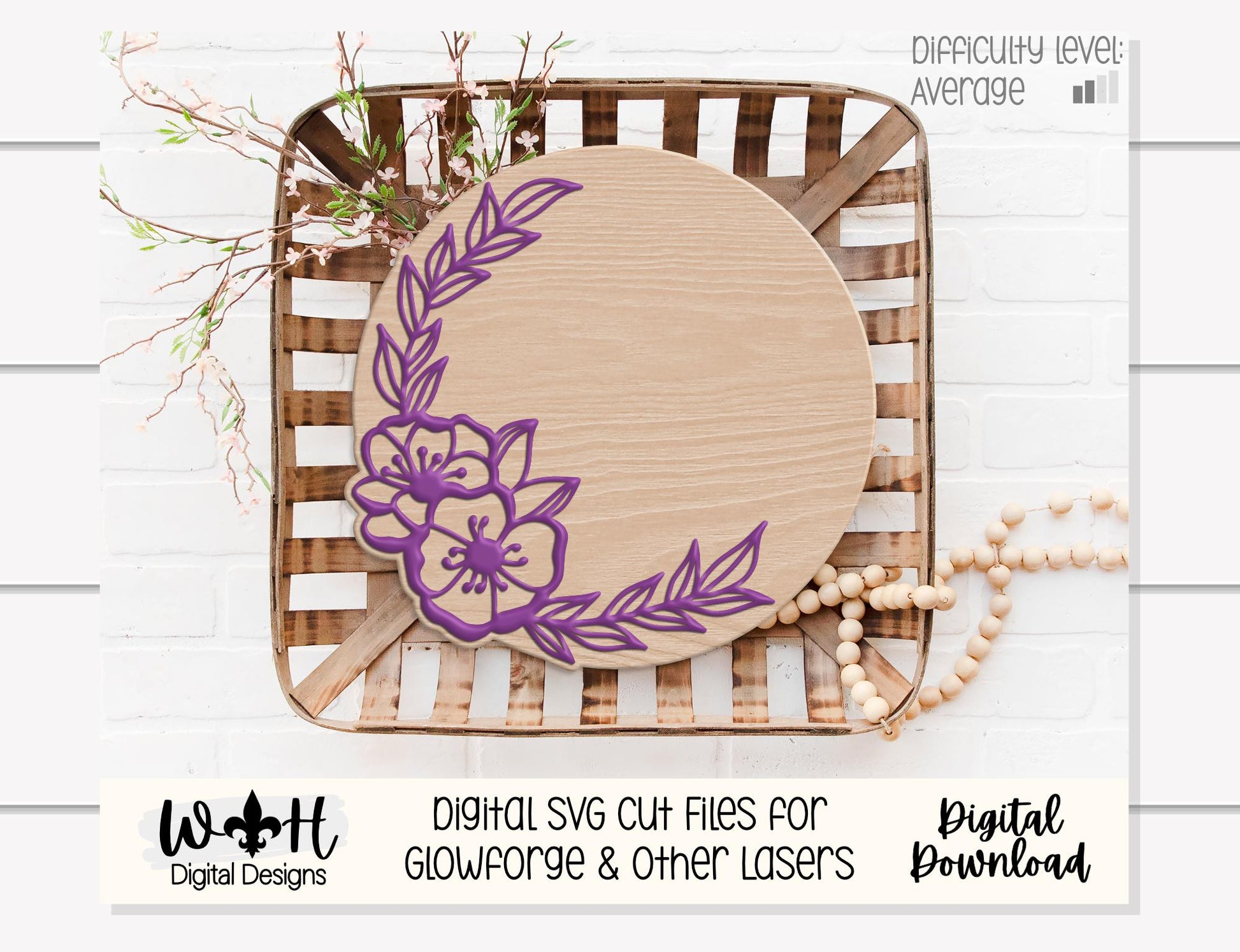 Miranda Paige Outline Floral - Door Hanger Rounds - Sign Making and DIY Kits - Offset Floral Cut File For Glowforge Laser - Digital SVG File