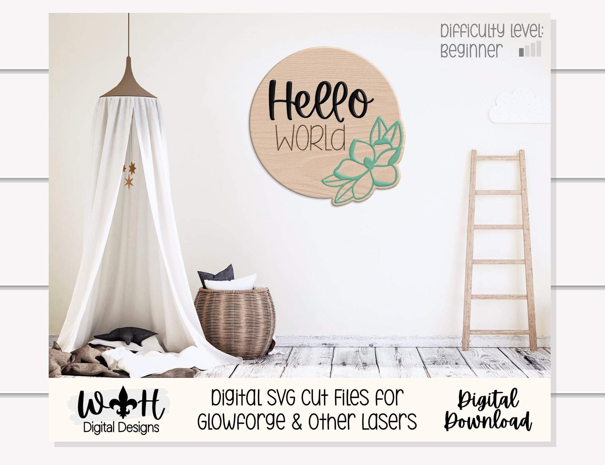 Hello World Baby Milestone Monthly Growth Markers - Personalizable Magnolia Floral Nursery Signs - Digital SVG Cut File For Glowforge Lasers
