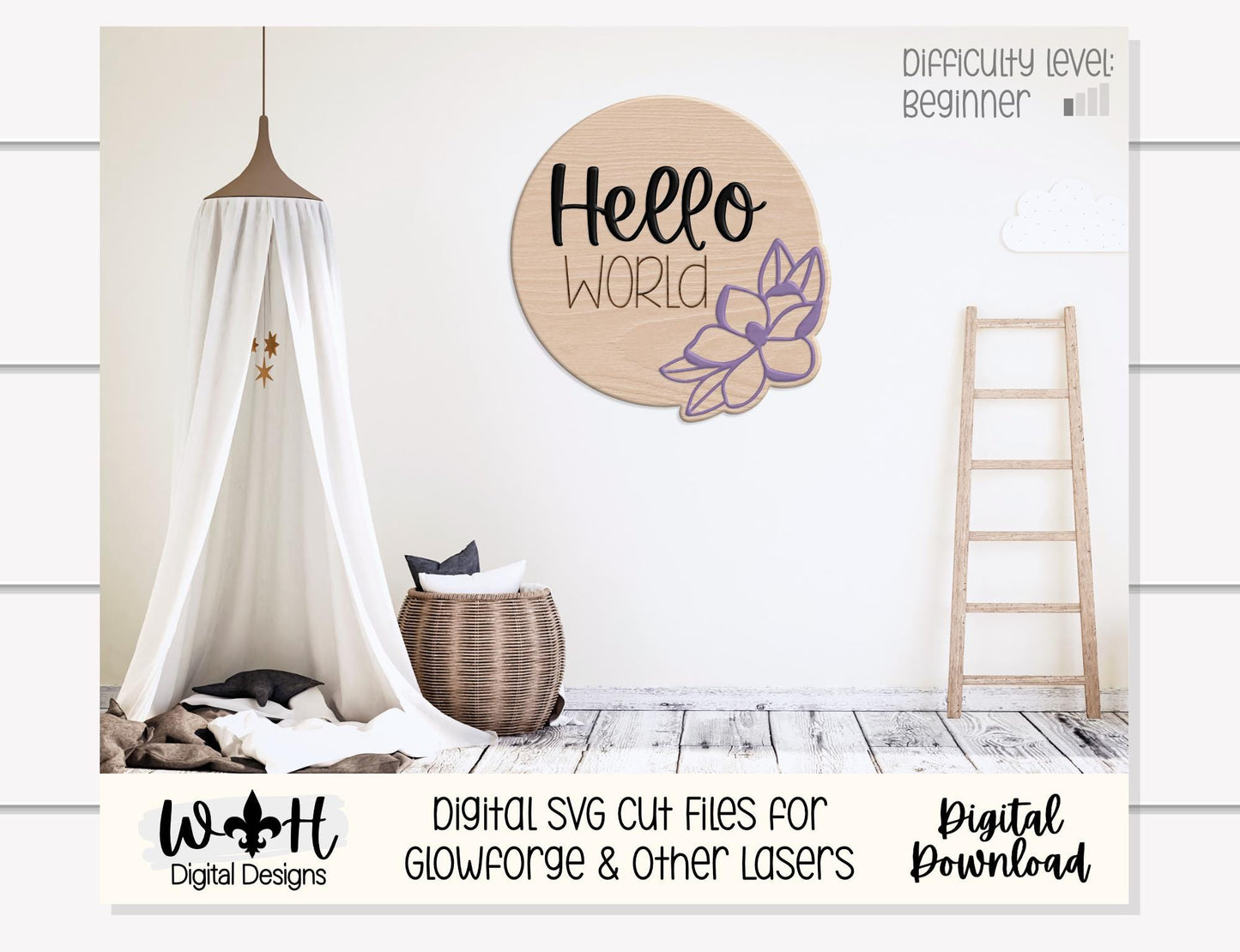 Hello World Baby Milestone Monthly Growth Markers - Personalizable Magnolia Floral Nursery Signs - Digital SVG Cut File For Glowforge Lasers