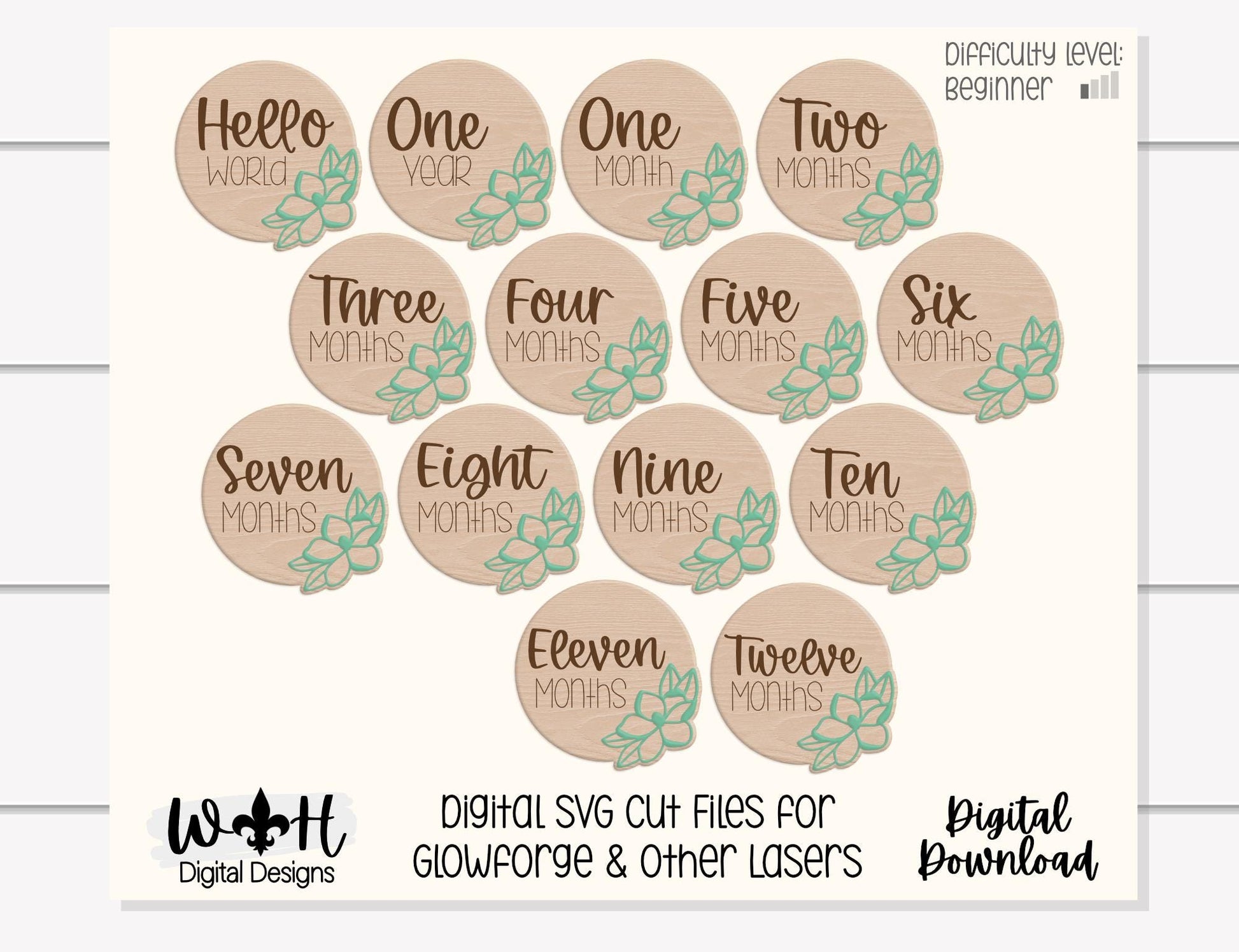 Hello World Baby Milestone Monthly Growth Markers - Personalizable Magnolia Floral Nursery Signs - Digital SVG Cut File For Glowforge Lasers