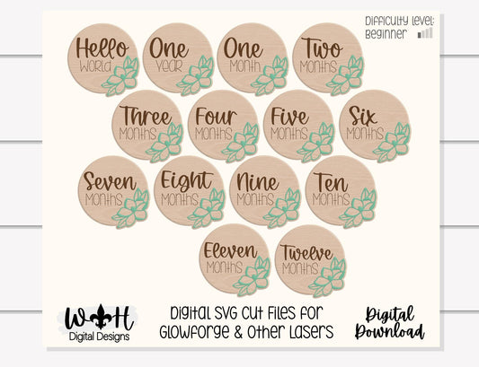 Hello World Baby Milestone Monthly Growth Markers - Personalizable Magnolia Floral Nursery Signs - Digital SVG Cut File For Glowforge Lasers