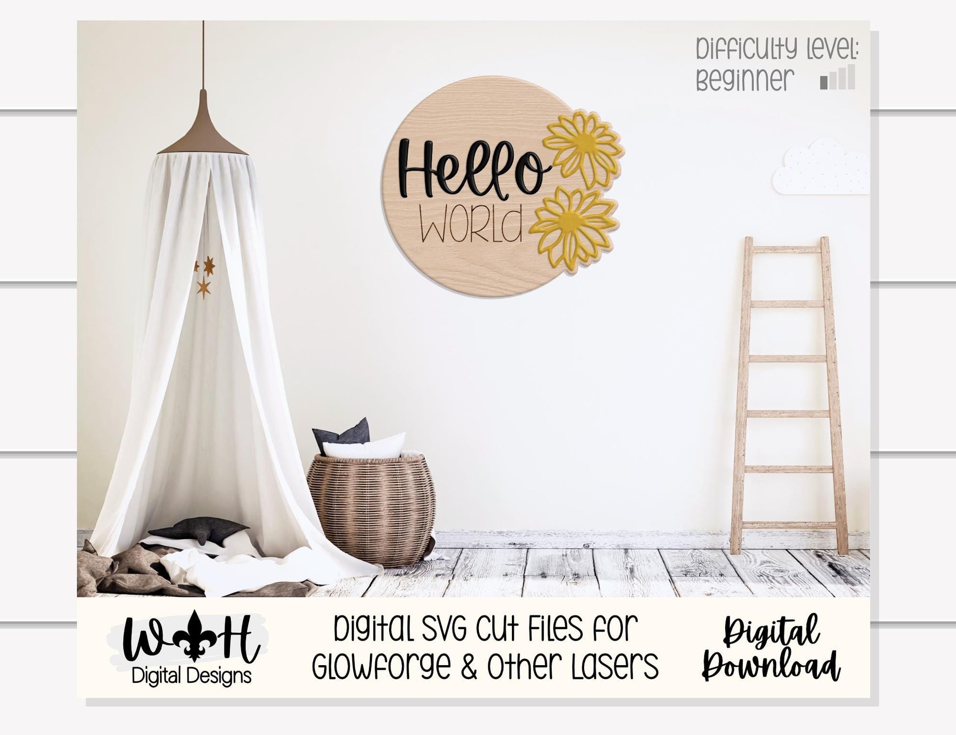 Hello World Baby Milestone Monthly Growth Markers - Personalizable Black Eyed Susan Floral Nursery Sign - Digital SVG Cut File For Glowforge
