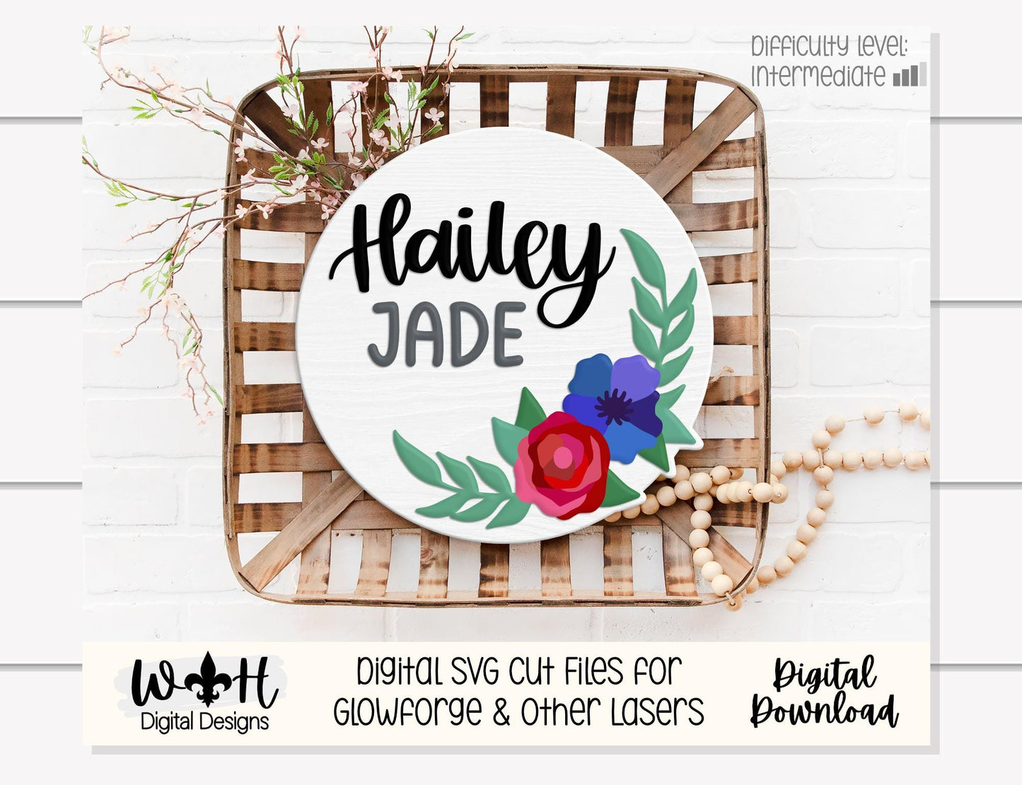 Hailey Jade Single Line Laser Cut Florals - Baby Nursery Rounds - Sign Making and DIY Kits - File For Glowforge Lasers - Digital SVG Files