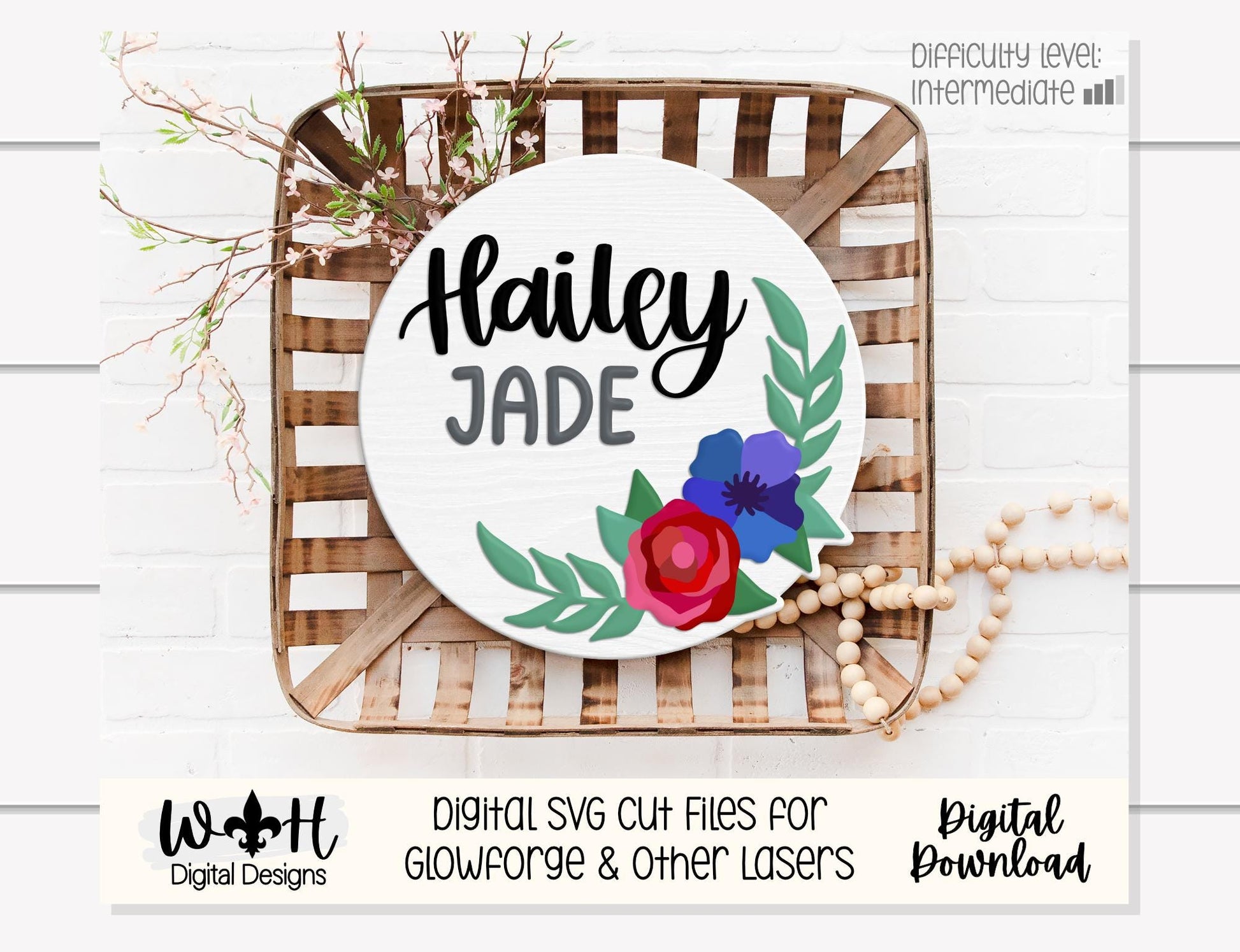 Hailey Jade Single Line Laser Cut Florals - Baby Nursery Rounds - Sign Making and DIY Kits - File For Glowforge Lasers - Digital SVG Files