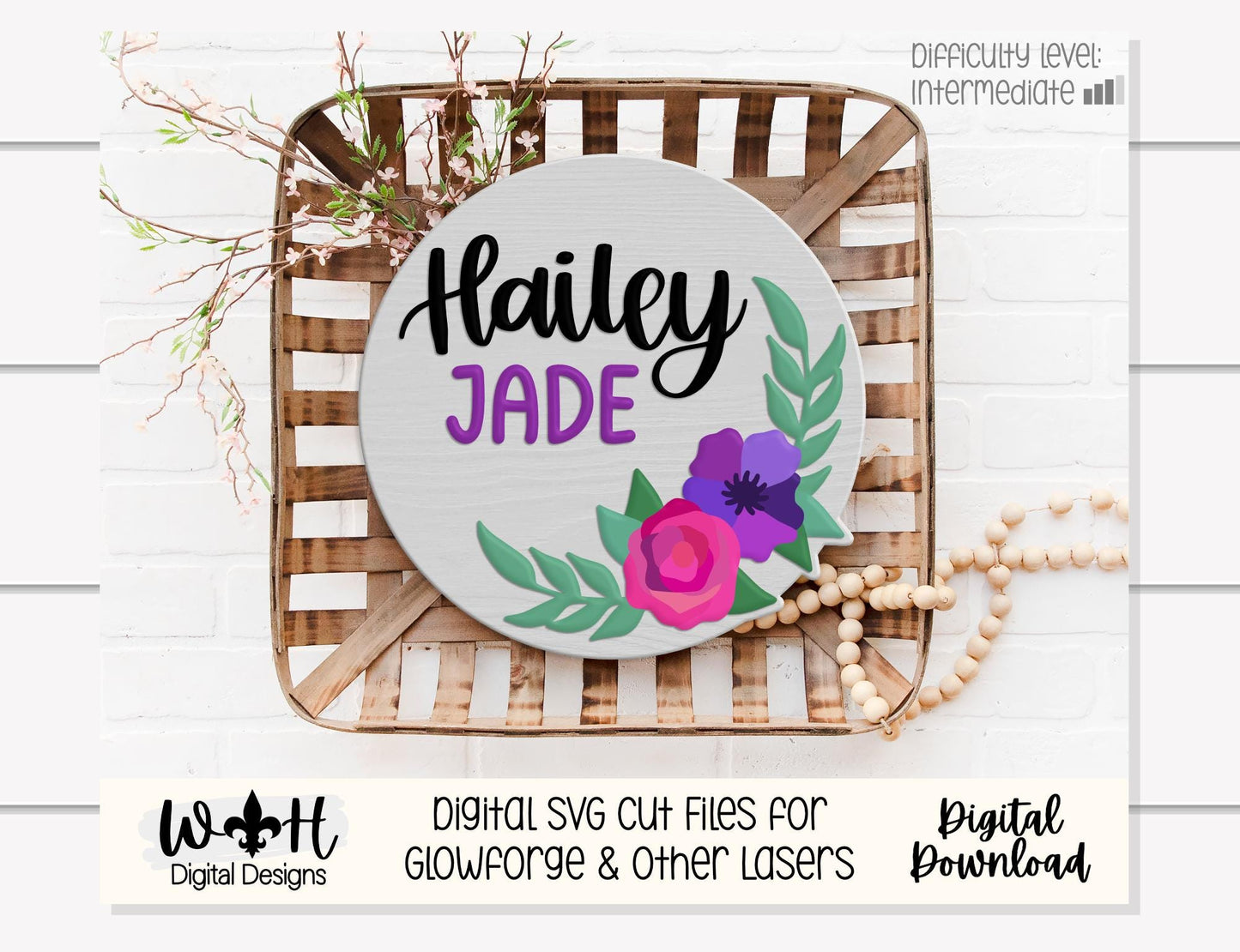 Hailey Jade Single Line Laser Cut Florals - Baby Nursery Rounds - Sign Making and DIY Kits - File For Glowforge Lasers - Digital SVG Files