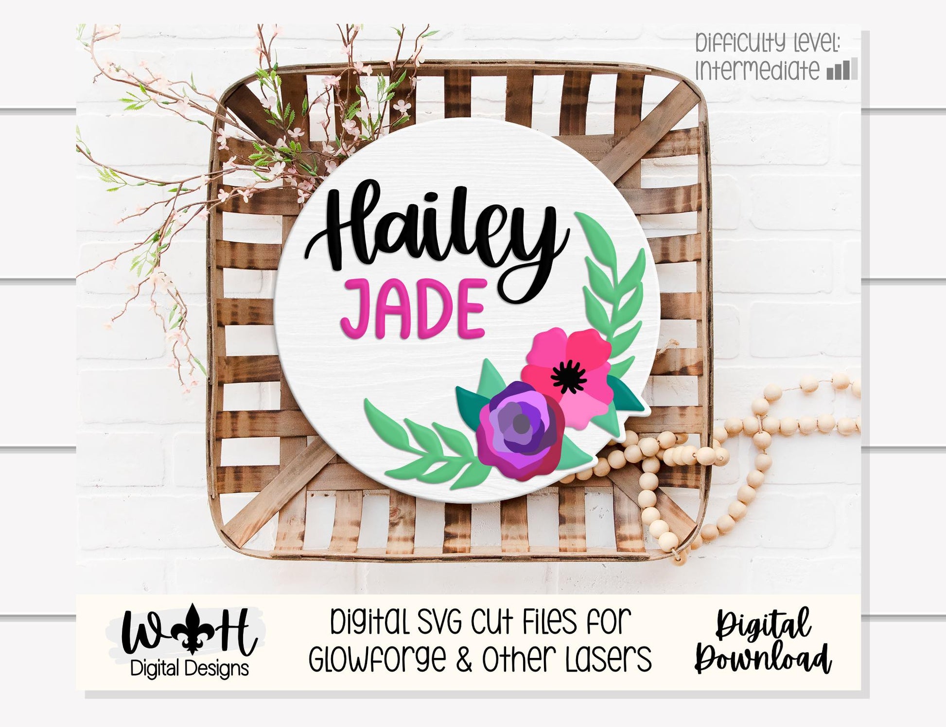 Hailey Jade Single Line Laser Cut Florals - Baby Nursery Rounds - Sign Making and DIY Kits - File For Glowforge Lasers - Digital SVG Files