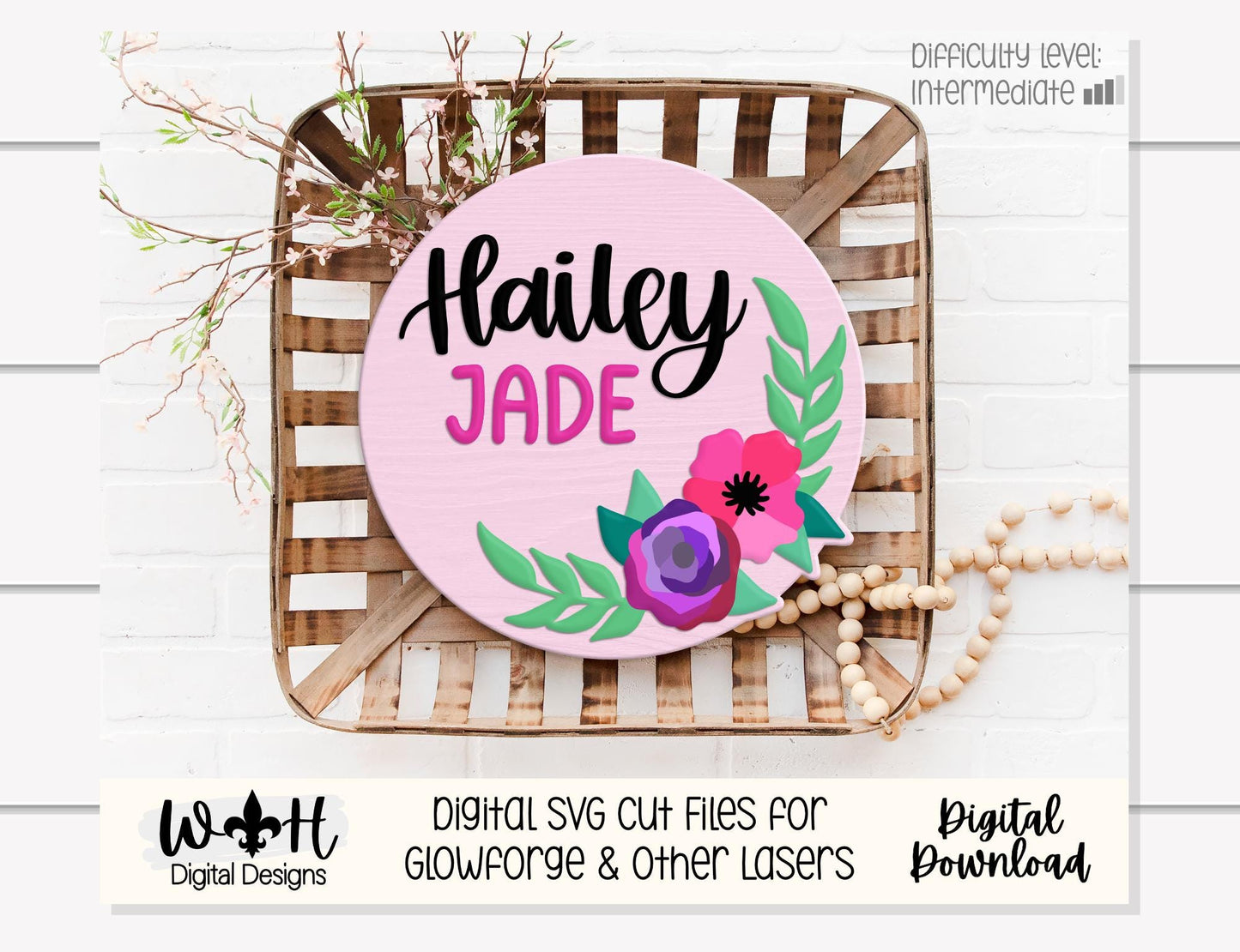Hailey Jade Single Line Laser Cut Florals - Baby Nursery Rounds - Sign Making and DIY Kits - File For Glowforge Lasers - Digital SVG Files