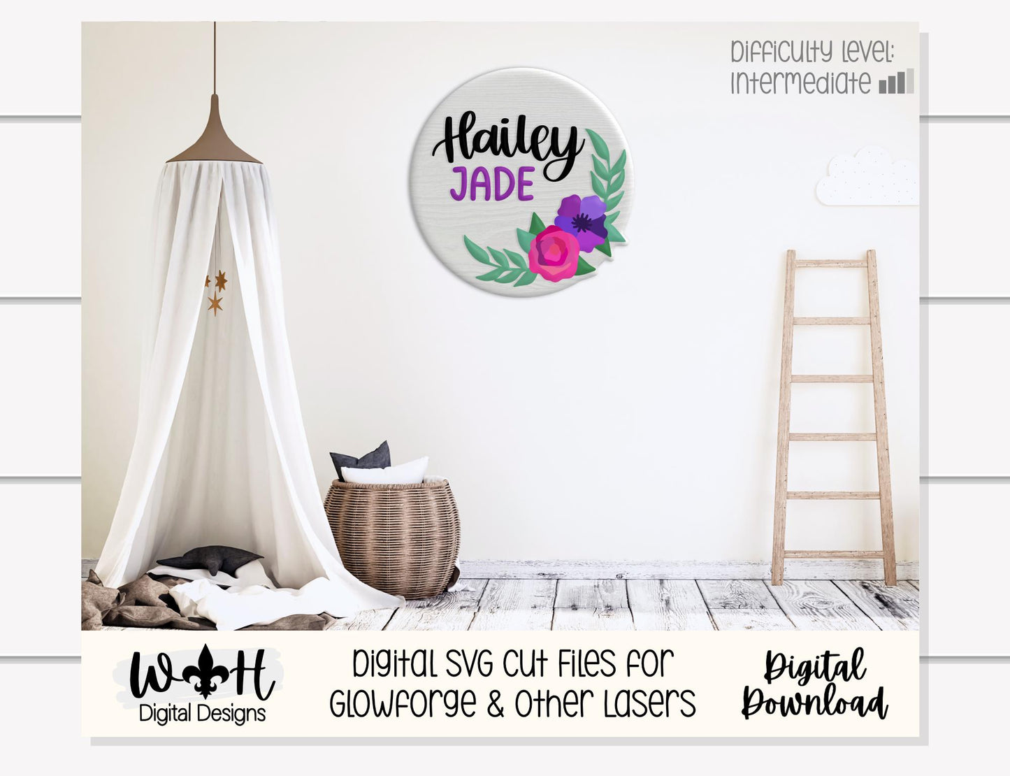 Hailey Jade Single Line Laser Cut Florals - Baby Nursery Rounds - Sign Making and DIY Kits - File For Glowforge Lasers - Digital SVG Files