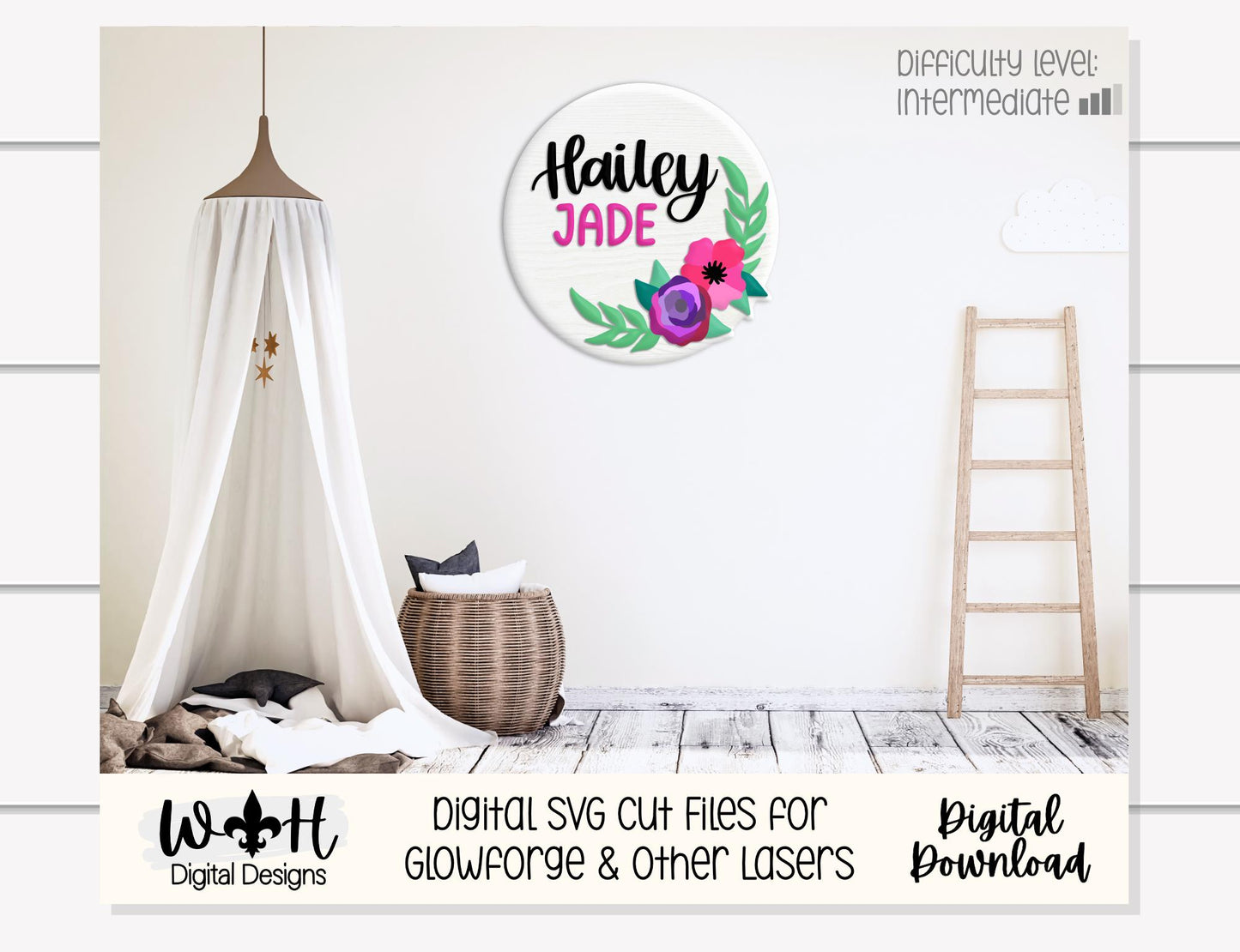 Hailey Jade Single Line Laser Cut Florals - Baby Nursery Rounds - Sign Making and DIY Kits - File For Glowforge Lasers - Digital SVG Files