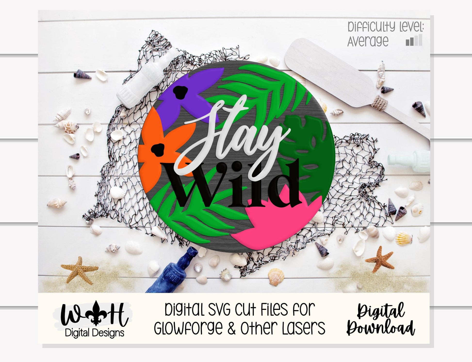 Stay Wild Jungle Round - Summer Door Hanger - Laser Cut Florals - Sign Making and DIY Kits - File For Glowforge Lasers - Digital SVG Files