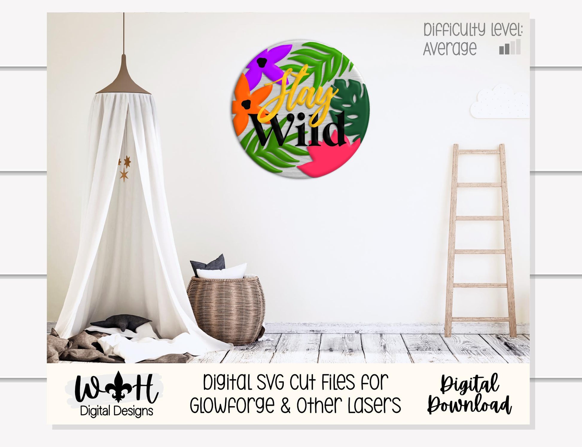Stay Wild Jungle Round - Summer Door Hanger - Laser Cut Florals - Sign Making and DIY Kits - File For Glowforge Lasers - Digital SVG Files